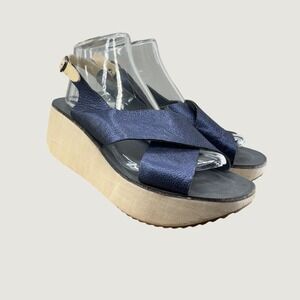 Mila Paoli Platform Sandals Womens Size 41 Blue Metallic Leather Wood Wedge Boho